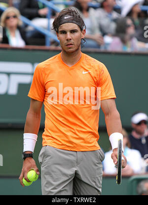 Spaniard Rafael Nadal pauses during his mens final match against Serbian Novak Djokovic at the BNP Paribas Open in Indian Wells, California on March 20, 2011.  Djokovic defeated Nadal 4-6, 6-3, 6-2 to win the tournament.   UPI/David Silpa Stock Photo