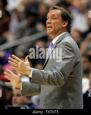 Detroit Pistons head coach Flip Saunders reacts to a call in their game against the Indiana Pacers at Conseco Fieldhouse in Indianapolis December 13, 2006. The Pacers defeated the Pistons 101-90. (UPI Photo/Mark Cowan) Stock Photo