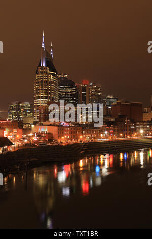 A Vertical Nashville, Tennessee city center at night Stock Photo