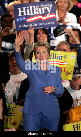 Democratic presidential hopeful Sen. Hillary Clinton (D-N.Y.) waves to  supporters after an Indiana primary night party in Indianapolis on May 6, 2008.  (UPI Photo/Mark Cowan) Stock Photo