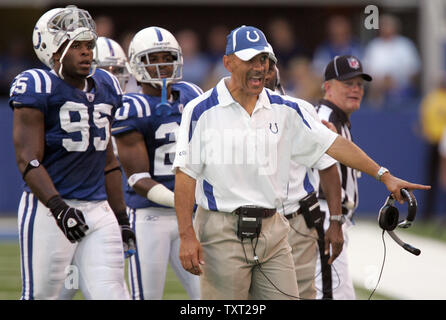 Indianapolis Colts head coach Tony Dungy argues a call with officials during their game against the Baltimore Ravens during the fourth quarter at Lucas Oil Field in Indianapolis on October 12, 2008.  The Colts defeated the Ravens 31-3. (UPI Photo/Mark Cowan) Stock Photo