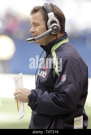 Seattle Seahawks head coach Jim Mora watches his team's defense during the first quarter of their game against the Indianapolis Colts at Lucas Oil Field in Indianapolis on October 4, 2009. UPI /Mark Cowan Stock Photo