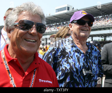 Mario Andretti, left, and Jack Nicholson walk down the racetrack before the start of the 94th running of the Indianapolis 500 at the Indianapolis Motor Speedway, on May 30, 2010., in Indianapolis, In. UPI /Mark Cowan Stock Photo