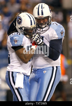 Tennessee Titans running back Chris Johnson (28) is congratulated on his third quarter touchdown against the Indianapolis Colts by offensive tackle Ryan Diem (71) during the Colts 23-20 win at Lucas Oil Field in Indianapolis on January 2, 2011.  UPI /Mark Cowan Stock Photo