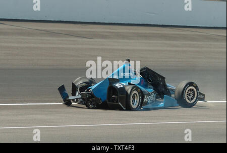 Rookie Bryan Clauson slides to a stop after slamming the south chute into turn 2 on Pole Day May 19, 2012 in Indianapolis, Indiana.     UPI/Don Figler Stock Photo