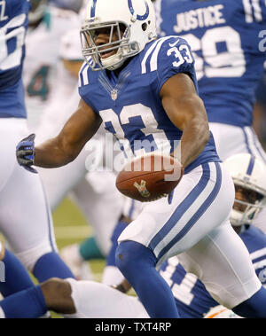 Indianapolis Colts running back Vick Ballard (33) fumbles the ball for a 4-yard loss against the Miami Dolphins during the first quarter at Lucas Oil Stadium in Indianapolis, IN., November 4, 2012.  UPI /Mark Cowan Stock Photo