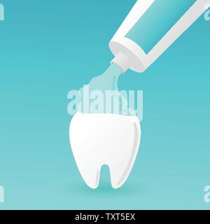 healthy white tooth holding toothpaste, brushing teeth concept - dental cartoon vector flat style cute tooth Stock Vector