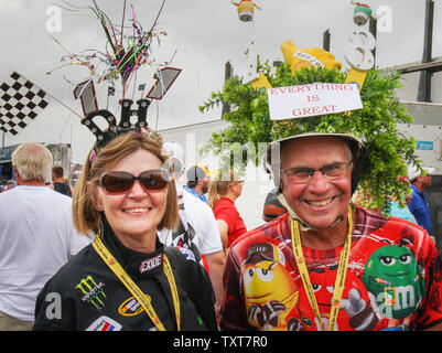 Maryanne and Bob James from Mussleman Lake, Ontario Canada are in the spirit attending their very first Brantley Gilbert Big Machine Brickyard 400,  at the Indianapolis Motor Speedway on July 23, 2017 in Indianapolis, Indiana. Photo by Mike Gentry/UPI Stock Photo