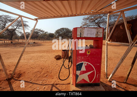 Gas station with “No Petrol” sign in Epukiru in Namibia in Africa Stock Photo