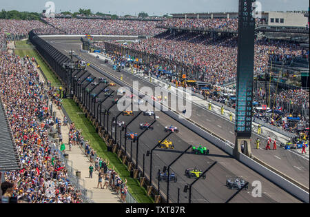 The field of the 2018 Indianapolis 500 completes a warmup lap prior to the start on May 27, 2018 in Indianapolis, Indiana. Photo by Edwin Locke/UPI Stock Photo