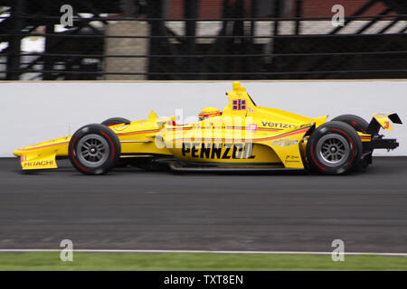 Three time Indy 500 winner Helio Castroneves speeds  into turn 4 during Fast Friday practice for the 103rd running of the Indianapolis 500 at the Indianapolis Motor Speedway on May 17, 2019 in Indianapolis, Indiana.    Photo by Bill Coons/UPI Stock Photo