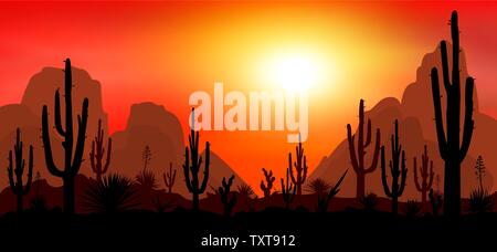 Sunset in the desert. Silhouettes of stones, cacti and plants. Desert landscape with cacti. The stony desert. Stock Vector