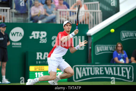 Eastbourne, UK. 25th June, 2019. Andy Murray of Great Britain in action with partner Marcelo Melo from Brazil during their doubles match against Juan Sebastien Cabal and Robert Farah of Colombia at the Nature Valley International tennis tournament held at Devonshire Park in Eastbourne . Credit: Simon Dack/Alamy Live News Stock Photo