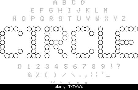 Circle contours alphabet. Black and white simple dotted letters, numbers and symbols set. Mosaic tiles shape. Circle puzzle font concept. Stock Vector