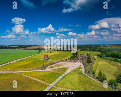 Aerial panoramic view of Hill of Crosses KRYZIU KALNAS . It is a famous religious site of catholic pilgrimage in Lithuania Stock Photo