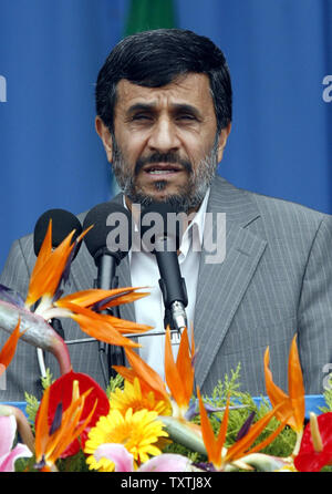 Iranian President Mahmoud Ahmadinejad speaks during a military parade marking the annual National Army Day in Tehran, Iran on April 18, 2010. UPI/STR Stock Photo