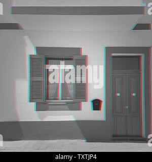 Front of residential building with door and window, black and white with digital signal glitch effect Stock Photo