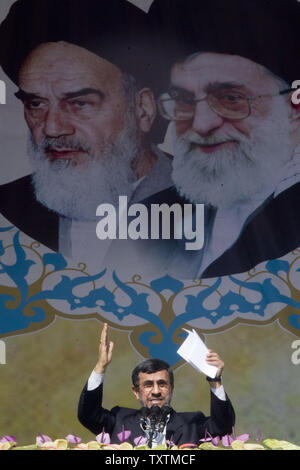 Iranian President Mahmoud Ahmadinejad speaks at Azadi Square (Freedom Square) for the celebration of the 34th anniversary of the Islamic Revolution in Tehran, Iran on February 10, 2013. Ahmadinejad told the crowd that Iranian nation is as strong as it could be and no one can impose their will on the Iranian nation. He also added 'Today, enemies are making every effort to stop the progress of the Iranian nation by increasing pressure, but they have not been successful.'     UPI/Maryam Rahmanian Stock Photo