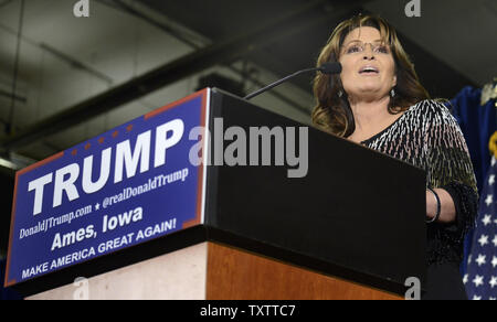 Former Alaska governor and 2008 Republican Vice Presidential candidate Sarah Palin makes remarks as she endorses real estate mogul Donald J. Trump, 2016 Republican presidential candidate, January 19, 2016, in Ames, Iowa. Trump is running against a large field of GOP candidates including Texas Sen. Ted Cruz, Florida Sen. Marco Rubio and retired neurosurgeon Ben Carson, ahead of Iowa's first-in-the-nation caucuses February 1.      Photo by Mike Theiler/UPI Stock Photo