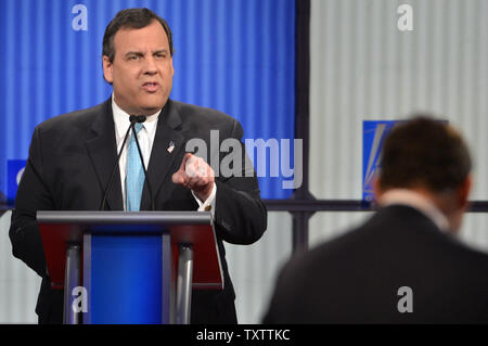 2016 Republican presidential candidate New Jersey Gov. Chris Christie responds to a question during a GOP debate hosted by Fox News, January 28, 2016, in Des Moines, Iowa. Billionaire businessman Donald J. Trump has boycotted the debate, which is the final one before Iowa's first-in-the-nation caucuses, February 1.      Photo by Mike Theiler/UPI Stock Photo