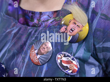 A supporter of Billionaire businessman Donald J. Trump, 2016 Republican presidential candidate, wears multiple buttons, January 31, 2016, in Council Bluffs, Iowa. Trump is leading in many polls against a large field of GOP candidates including Texas Sen. Ted Cruz, Florida Sen. Marco Rubio and retired neurosurgeon Ben Carson, as they head into the homestretch, ahead of Iowa's first-in-the-nation caucuses February 1.      Photo by Mike Theiler/UPI Stock Photo