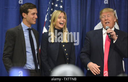 Billionaire businessman Donald J. Trump, (R), 2016 Republican presidential candidate, makes remarks as his daughter Ivanka laughs with her husband, Jared Kushner, during a campaign event, January 31, 2016, in Council Bluffs, Iowa. Trump is leading in many polls against a large field of GOP candidates including Texas Sen. Ted Cruz, Florida Sen. Marco Rubio and retired neurosurgeon Ben Carson, as they head into the homestretch, ahead of Iowa's first-in-the-nation caucuses February 1.      Photo by Mike Theiler/UPI Stock Photo