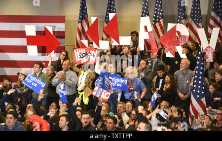 Supporters of former secretary of state and Senator Hillary Clinton, 2016 Democratic presidential candidate, cheer prior to the arrival of Clinton during a 'Caucus Night Victory Party', February 1, 2016, in Des Moines, Iowa. Clinton claimed a narrow win over Vermont Sen. Bernie Sanders, in Iowa's first-in-the-nation caucuses.      Photo by Mike Theiler/UPI Stock Photo