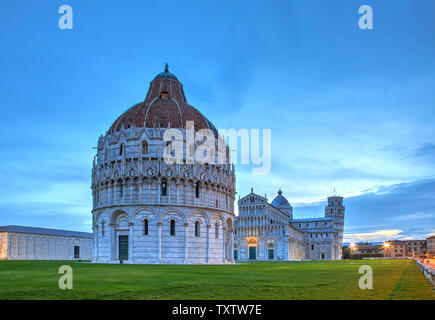 The Baptistery in the foreground, the Duomo and the leaning tower in the background, Pisa, Italy Stock Photo