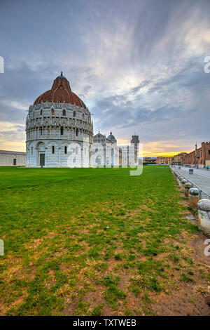 The Baptistery in the foreground, the Duomo and the leaning tower in the background, Pisa, Italy Stock Photo