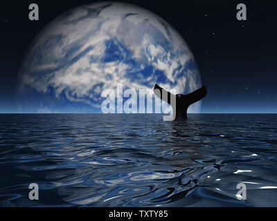 Sci fi digital art. Whale in exoplanet ocean Stock Photo