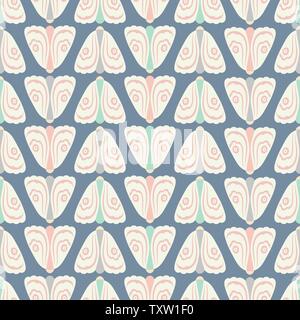 Seamless geometric pattern background of pastel coloured moths in rows . A nature vector background of insects. Stock Vector