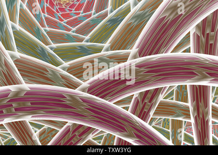 Multi-colored tangled colorful thread rope. Abstract fractal background - computer-generated image. Digital art: chaos curves or threads. Backdrop or Stock Photo