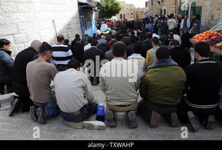 Palestinians pray before a protest against the closure of Shuhada Street to Palestinians in Hebron, West Bank, February 25, 2011. Demonstrators shouted slogans against the U.S. for vetoing the UN Security Council resolution condemning Israeli settlements.  UPI/Debbie Hill. Stock Photo