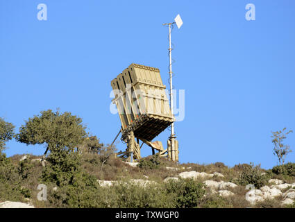 An Iron Dome anti-missile defense battery is deployed on the outskirts of Jerusalem, Israel, September 9, 2013. The Iron Dome is designed to intercept and destroy incoming rockets and artillery shells. Israel is concerned that Syria could launch missiles at Israel if the United States attacks Syria over alleged  use of chemical weapons against civilians.    UPI/Debbie Hill Stock Photo