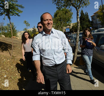 Jerusalem Mayor and candidate in Israel's municipal elections, Nir Barkat, campaigns in Jerusalem, Israel, October 22, 2013. UPI/Debbie Hill Stock Photo