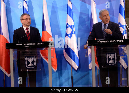 Israeli Prime Minister Benjamin Netanyahu, right, and Czech Republic Foreign Minister Lubomir Zaoralek, left, make statements to the press before a meeting in the prime minister's office in Jerusalem, Israel, June 8, 2015. Photo by Debbie Hill/UPI Stock Photo