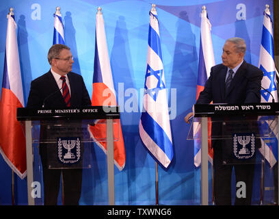 Israeli Prime Minister Benjamin Netanyahu, right, and Czech Republic Foreign Minister Lubomir Zaoralek, left, make statements to the press before a meeting in the prime minister's office in Jerusalem, Israel, June 8, 2015.  Photo by Debbie Hill/UPI Stock Photo