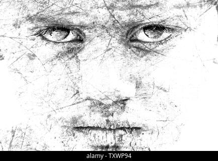 Monochrome Picture of Man Face with Cracks and Scratch Art Idea Stock Photo