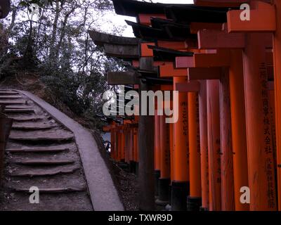Red torii gates at the Fushimi Inari Taisha Shrine, and stairs at Inari Mountain Stock Photo