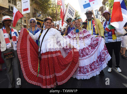 Evangelical Christians from Panama wear traditional dresses during the annual Jerusalem Parade to mark the Jewish holiday of Sukkot, Feast of Tabernacles, in Jerusalem, Israel, October 20, 2016. Thousands of Christians from around the world marched with Israeli soldiers and workers to show their solidarity and love for Israel. Photo by Debbie Hill/UPI Stock Photo