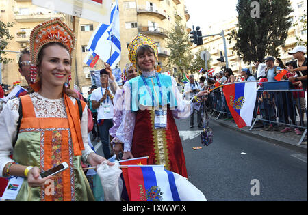 Evangelical Christians from Russian wear traditional costumes in the annual Jerusalem Parade to mark the Jewish holiday of Sukkot, Feast of Tabernacles, in Jerusalem, Israel, October 20, 2016. Thousands of Christians from around the world marched with Israeli soldiers and workers to show their solidarity and love for Israel. Photo by Debbie Hill/UPI Stock Photo