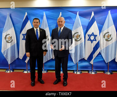 Guatemalan President Jimmy Morales (L) meets Israeli Prime Minister Benjamin Netanyahu (R) in his office in Jerusalem, Israel, May 16, 2018.    Photo by Debbie Hill/UPI Stock Photo