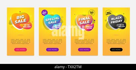 Sale banner design template set. Dynamic modern gradient fluid flyer on yellow background. Big special final black friday discount retail offer liquid Stock Vector