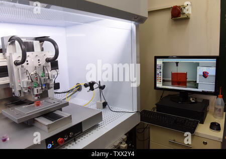 A 3D printer prints, what Israeli scientist Professor Tal Dvir says, is the world's first 3D printed vascularized engineered heart, in a laboratory in Tel Aviv University, Tel Aviv, Israel, April 15, 2019. Tel Aviv University scientists use human tissue and the patient's own cells and materials to print a 3D entire heart with cells, blood vessels, ventricles and chambers.    Photo by Debbie Hill/UPI Stock Photo