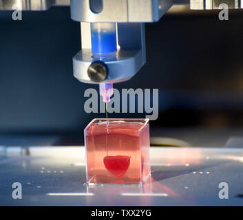 A 3D printer prints, what Israeli scientist Professor Tal Dvir says, is the world's first 3D printed vascularized engineered heart, in a laboratory in Tel Aviv University, Tel Aviv, Israel, April 15, 2019. Tel Aviv University scientists use human tissue and the patient's own cells and materials to print a 3D entire heart with cells, blood vessels, ventricles and chambers.    Photo by Debbie Hill/UPI Stock Photo