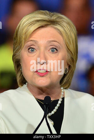 Democratic Presidential candidate Hillary Clinton speaks to supporters  on the night of Super Tuesday at Stage One at Ice Palace Films, Miami, Florida,. March 1, 2016.  Clinton solidified her lead for the nomination by winning seven of the states holding primaries on what is called Super Tuesday.  Photo by Johnny Louis/UPI Stock Photo