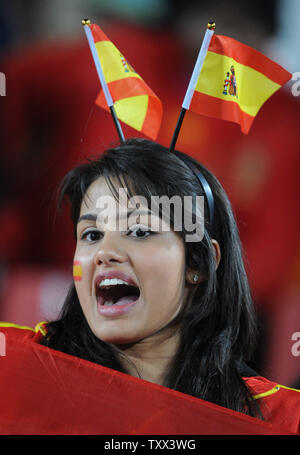A Spain fan looks on during the Group H match at Ellis Park in Johannesburg, South Africa on June 21, 2010. UPI/Chris Brunskill Stock Photo