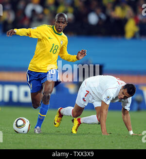Ramires of Brazil and Alexis Sanchez of Chile during the FIFA World Cup Round of 16 match at Ellis Park in Johannesburg, South Africa on June 28, 2010. UPI/Chris Brunskill Stock Photo