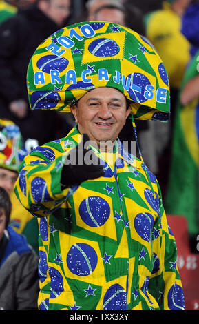 A Brazil fan looks on prior to the FIFA World Cup Round of 16 match at Ellis Park in Johannesburg, South Africa on June 28, 2010. UPI/Chris Brunskill Stock Photo