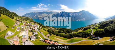Panoramic view on Walensee (Lake Walen), Amden, Beltis from Obstalden. Canton St. Galen, Glarus, Switzerland. Stock Photo